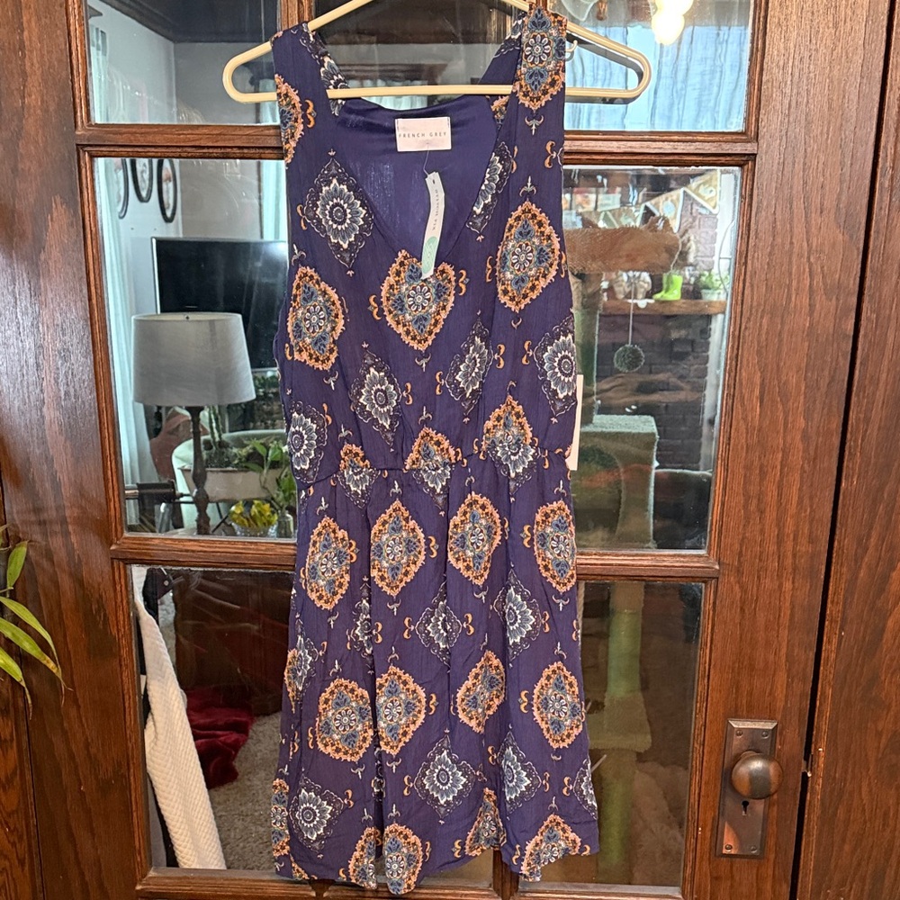French Grey Ember Dress Navy Blue Medallion Boho Sleeveless XL Stitch Fix NEW